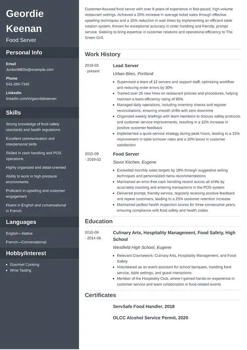 Restaurant Server Resume Sample