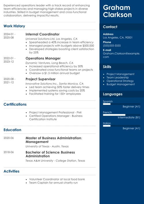 resume for internal position example