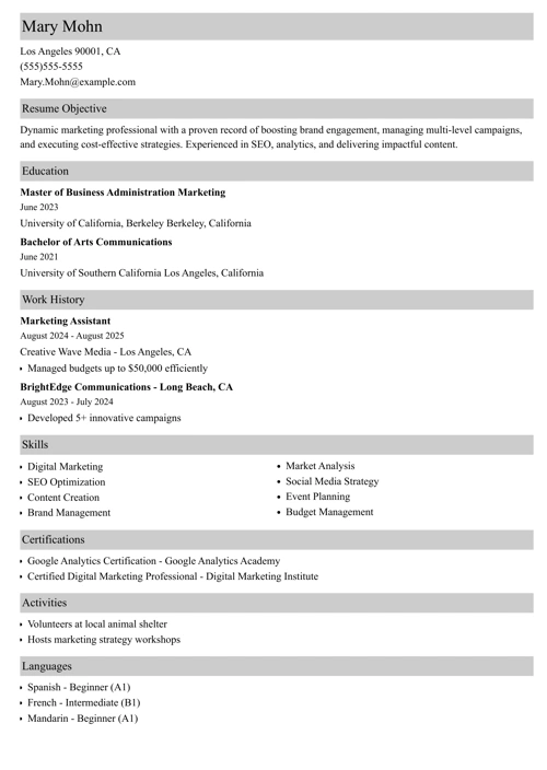 marketing assistant resume example