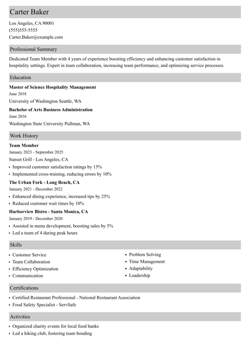resume example created in the Zety resume builder