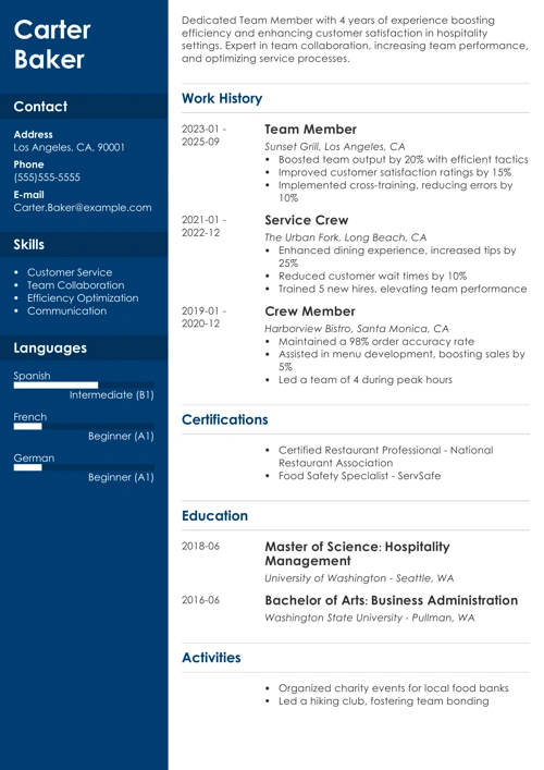 resume example created in the Zety resume builder