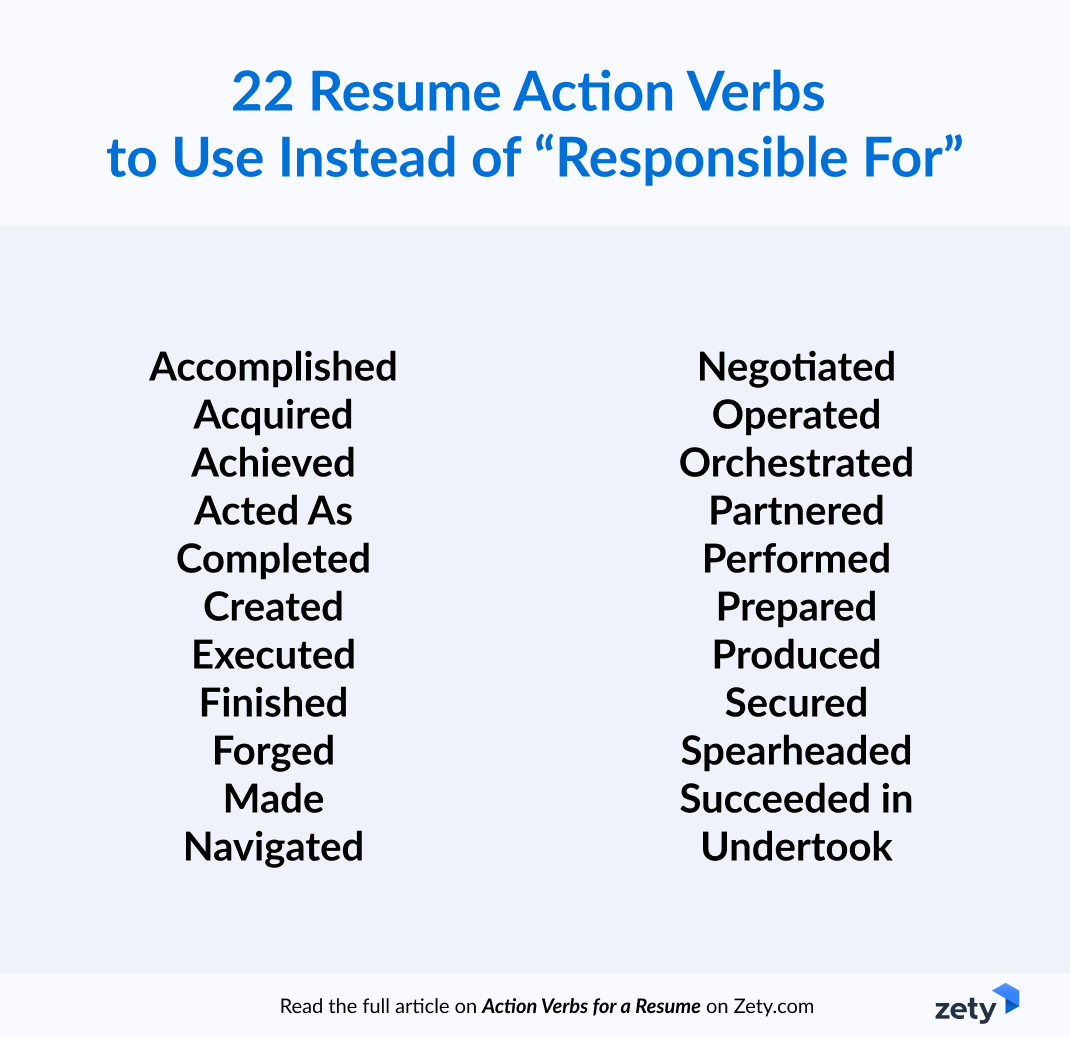 Infographic with 22 resume action verbs to use instead of "responsible for"