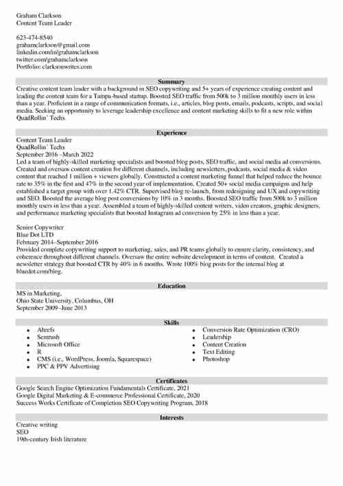 resume for internal position example