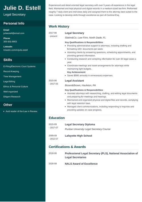 sample legal secretary resume