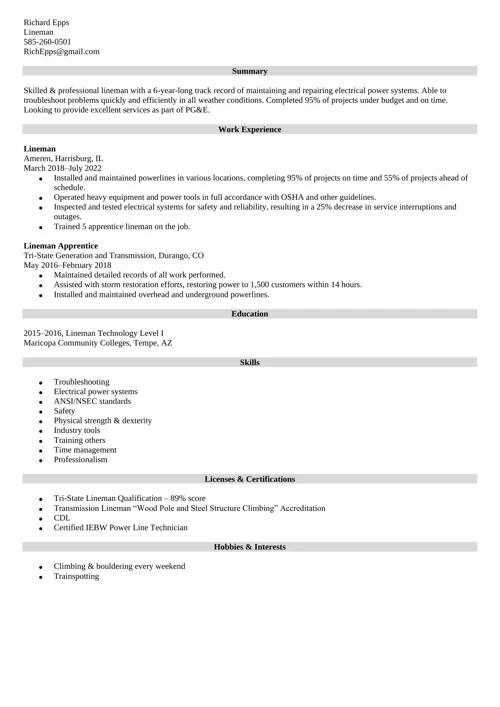 lineman resume example