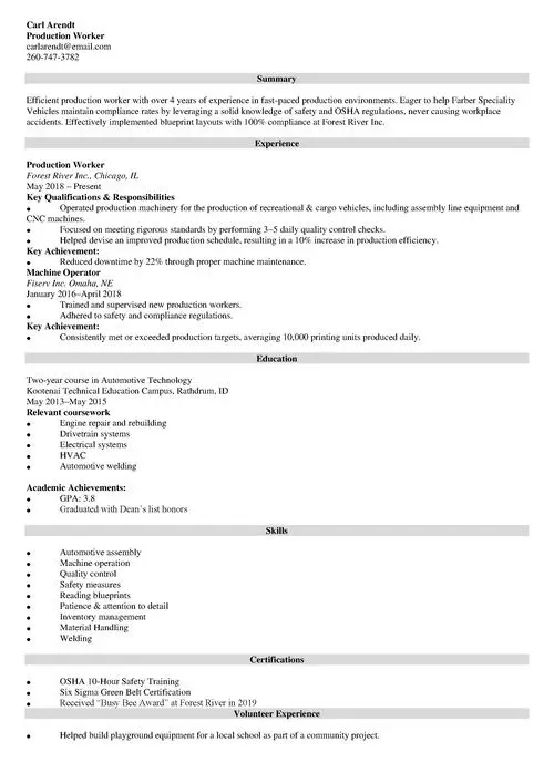 production worker resume sample