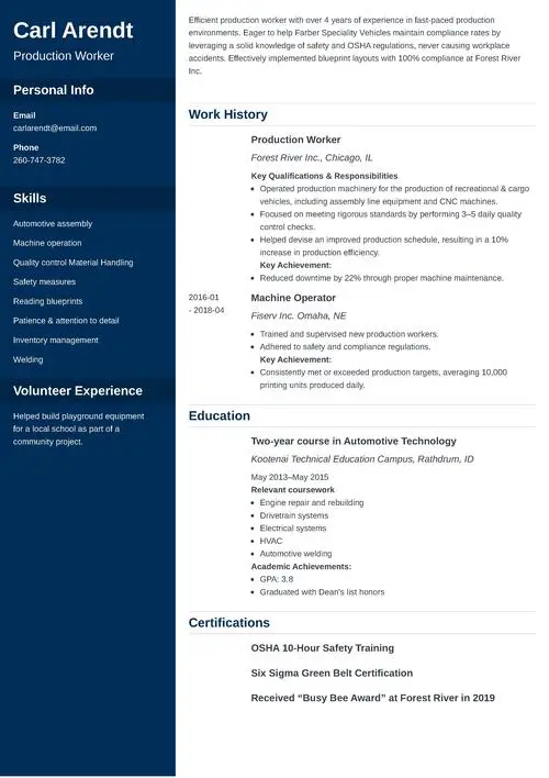 production worker resume sample