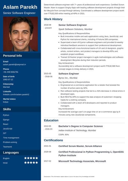 sample resume format for experienced candidates