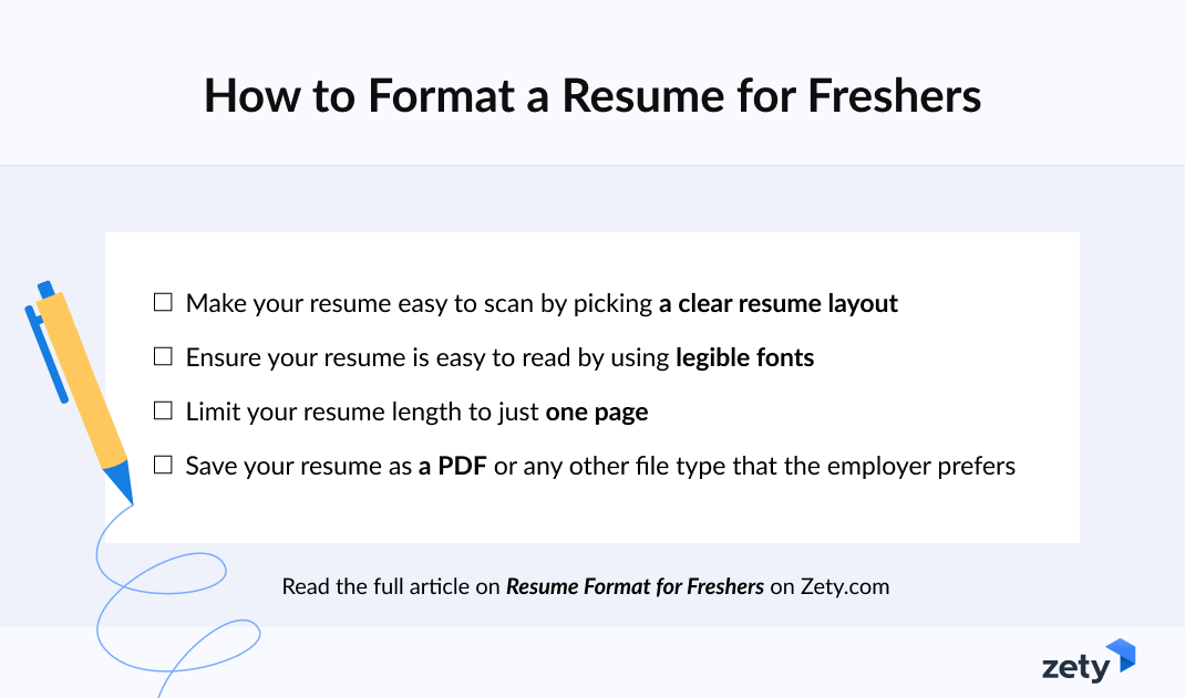 Infographic with steps on how to format a resume for freshers