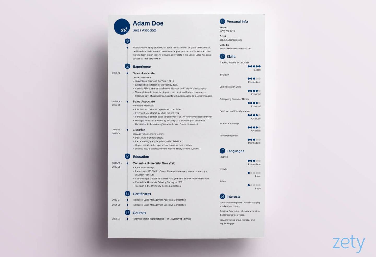 A view from the Zety resume builder outlining the process of filling the work experience section, along with a selection of pre-written resume descriptions suggested for the specific position.