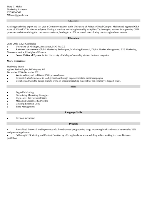 marketing assistant resume example