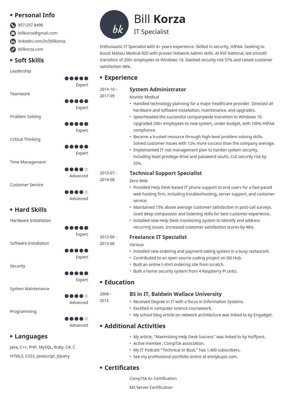 example of profile description in resume