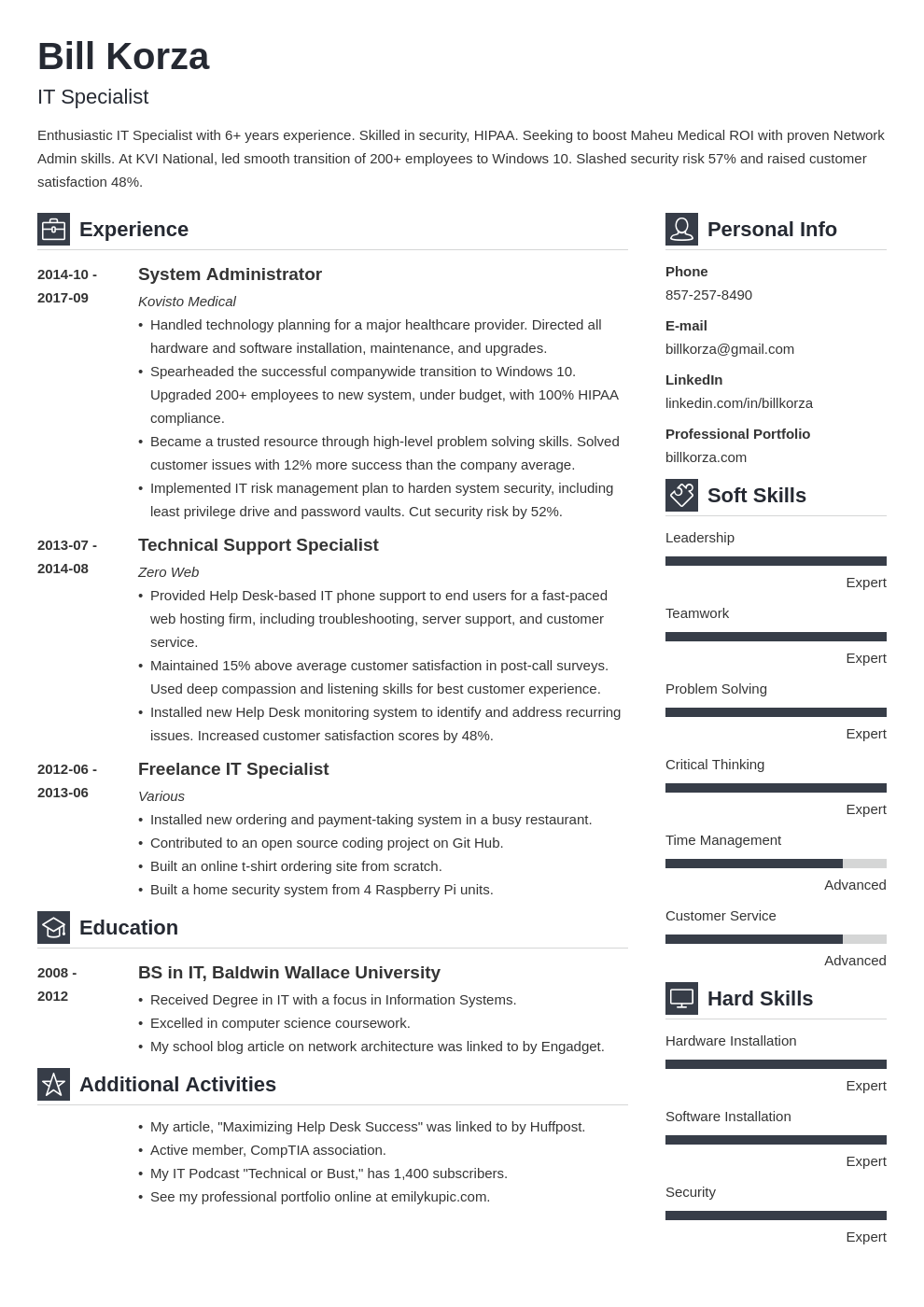 resume job profile samples