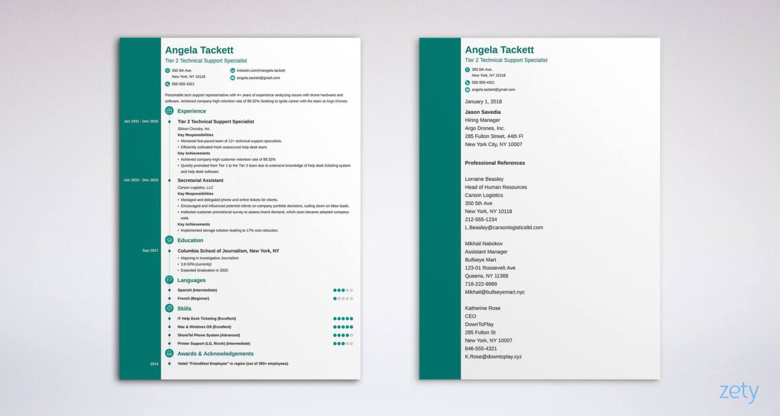 resume and reference page with green sidebar