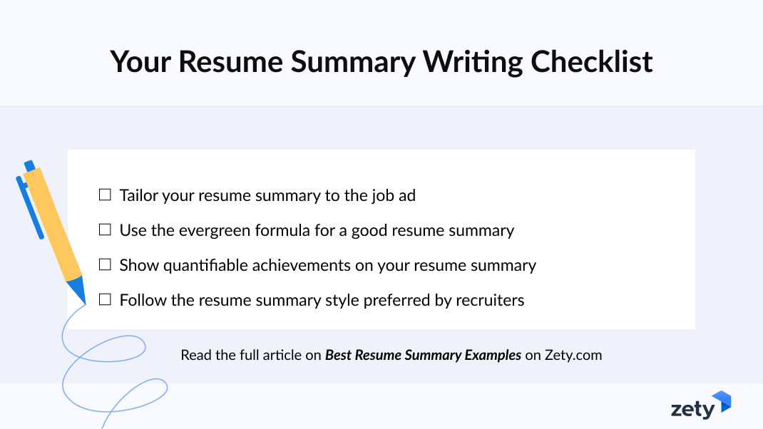 Infographic showing a resume summary writing checklist