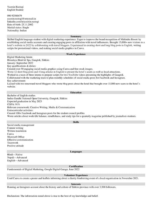 Summary For A Resume For Freshers Examples How To Write