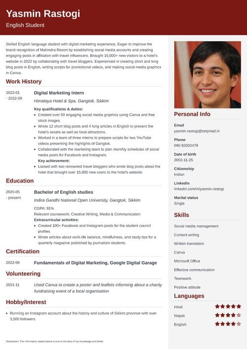 resume example with a resume summary for freshers