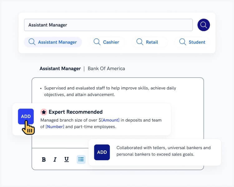 A view from the Zety resume editor illustrating the process of populating the work experience section and an assortment of pre-written resume descriptions recommended for the particular role.