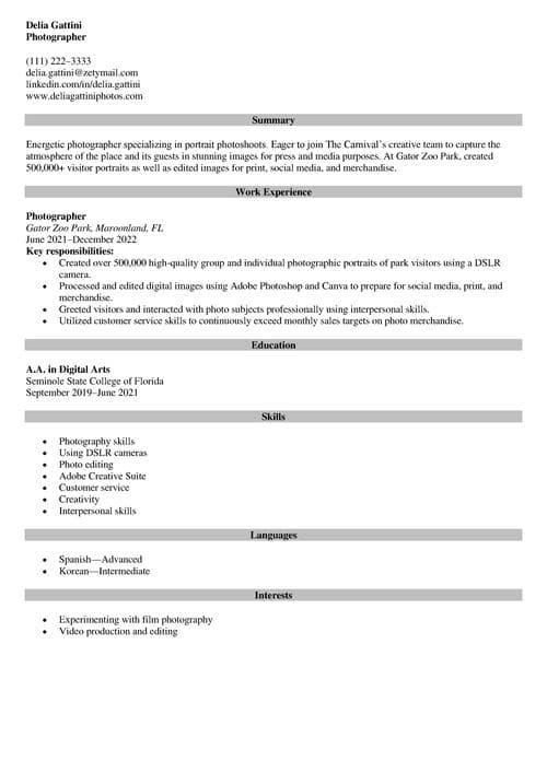 Resume Example made with Zety Resume Builder