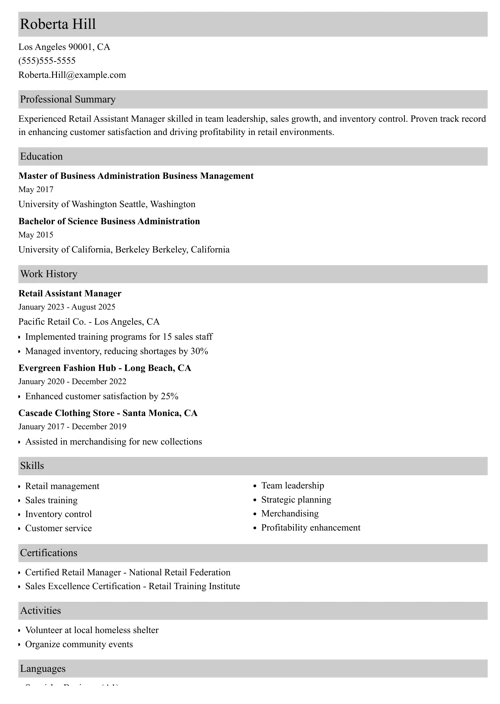 retail assistant manager resume example