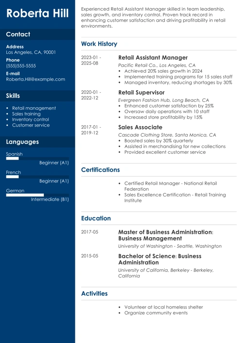retail assistant manager resume example