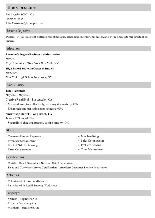retail assistant resume example