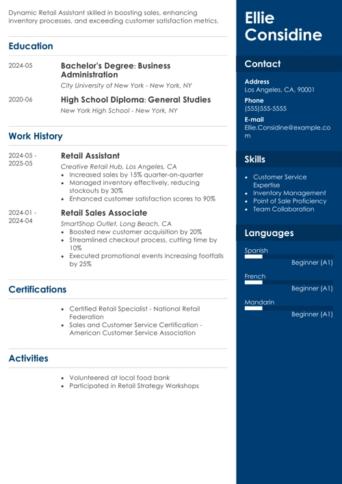 retail assistant resume example