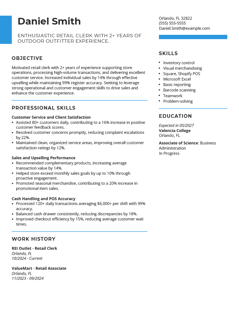 Retail Clerk Resume Example