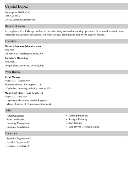 retail manager resume templates