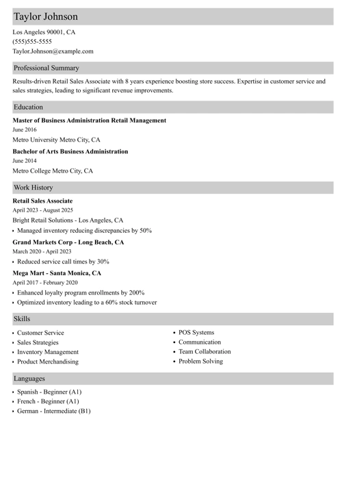 Retail Sales Associate Resume Sample