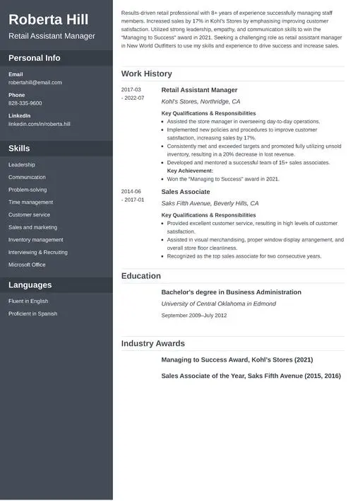 retail assistant manager resume example