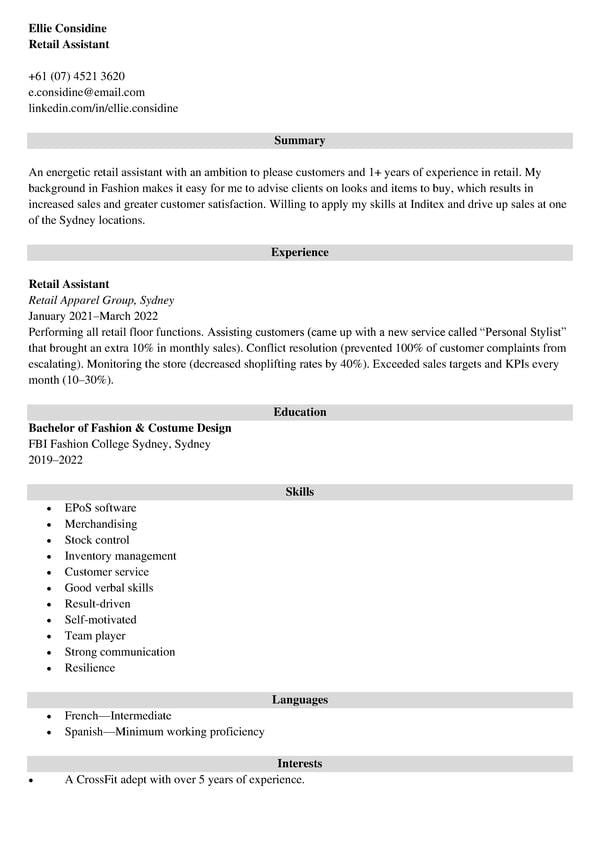 retail assistant resume example