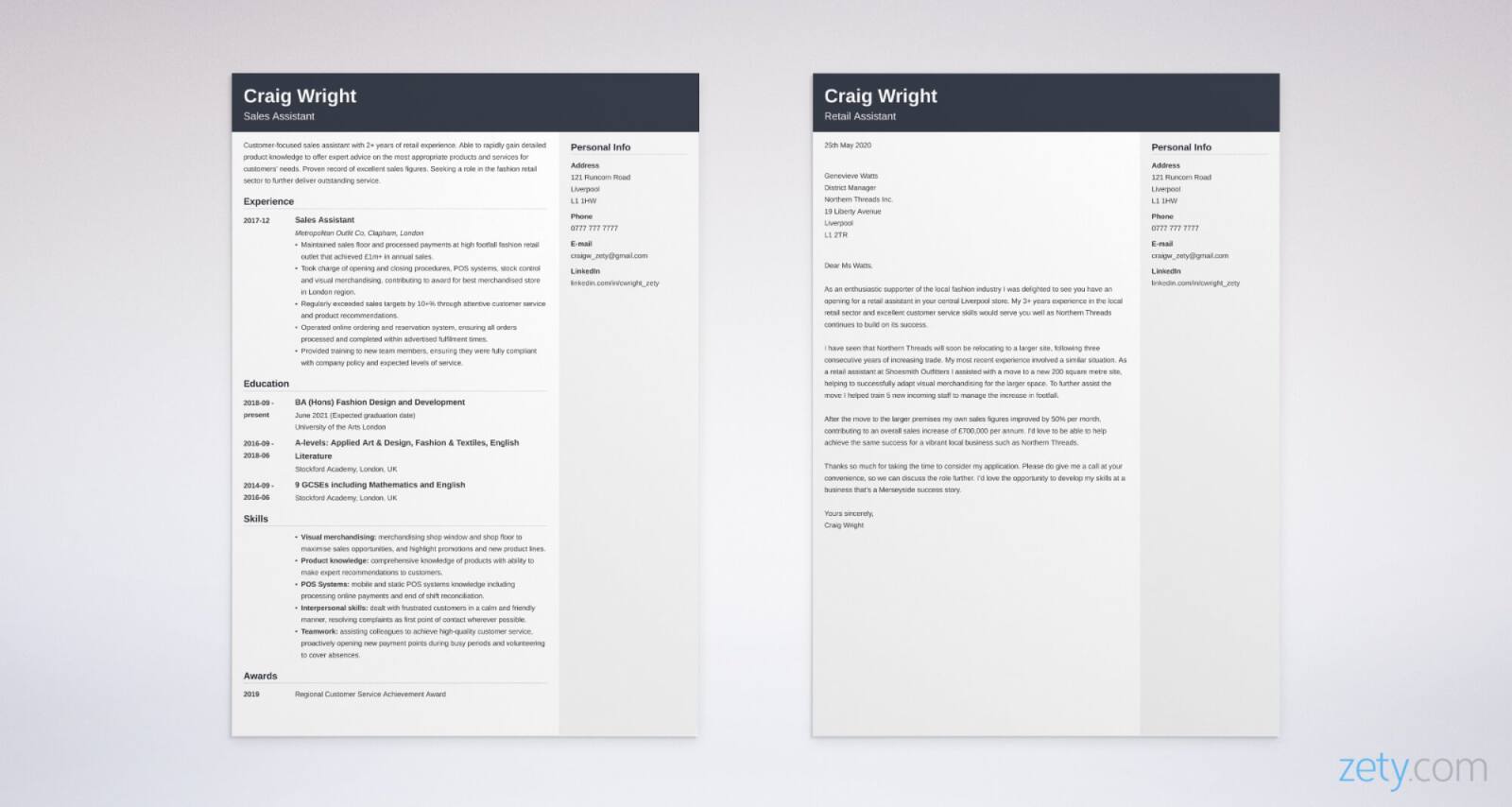 retail cv and cover letter set