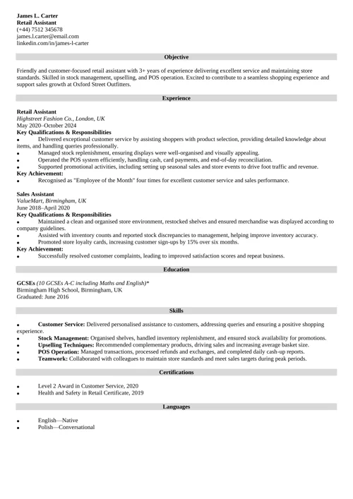  retail CV examples