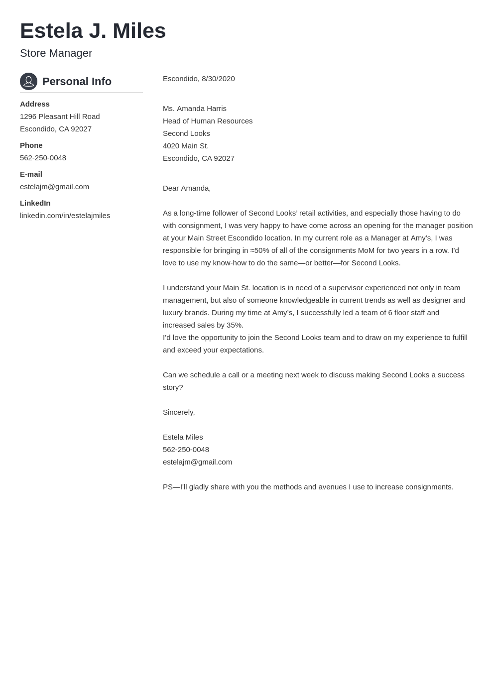 application letter for retail manager position