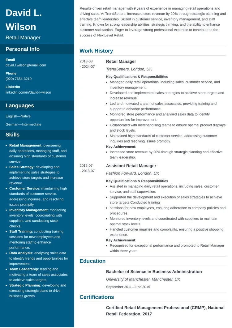 Cascade CV template for retail managers