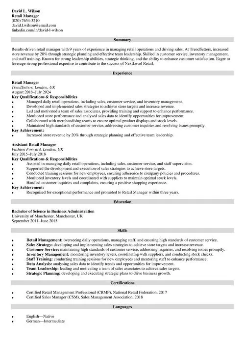 retail manager CV example