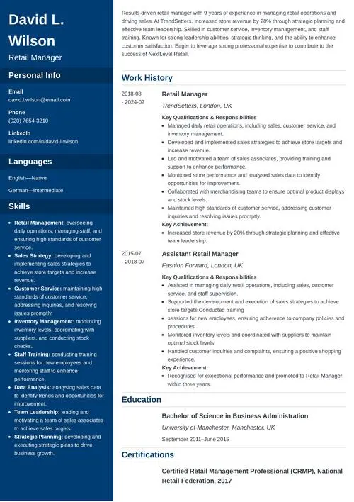 retail manager CV example