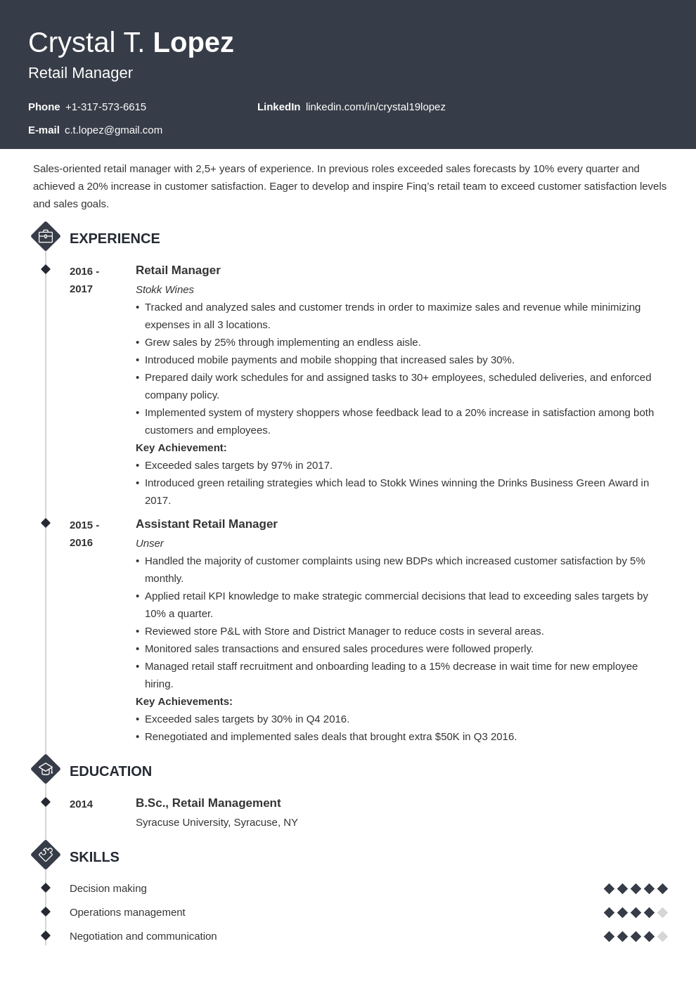 retail manager resume example template diamond