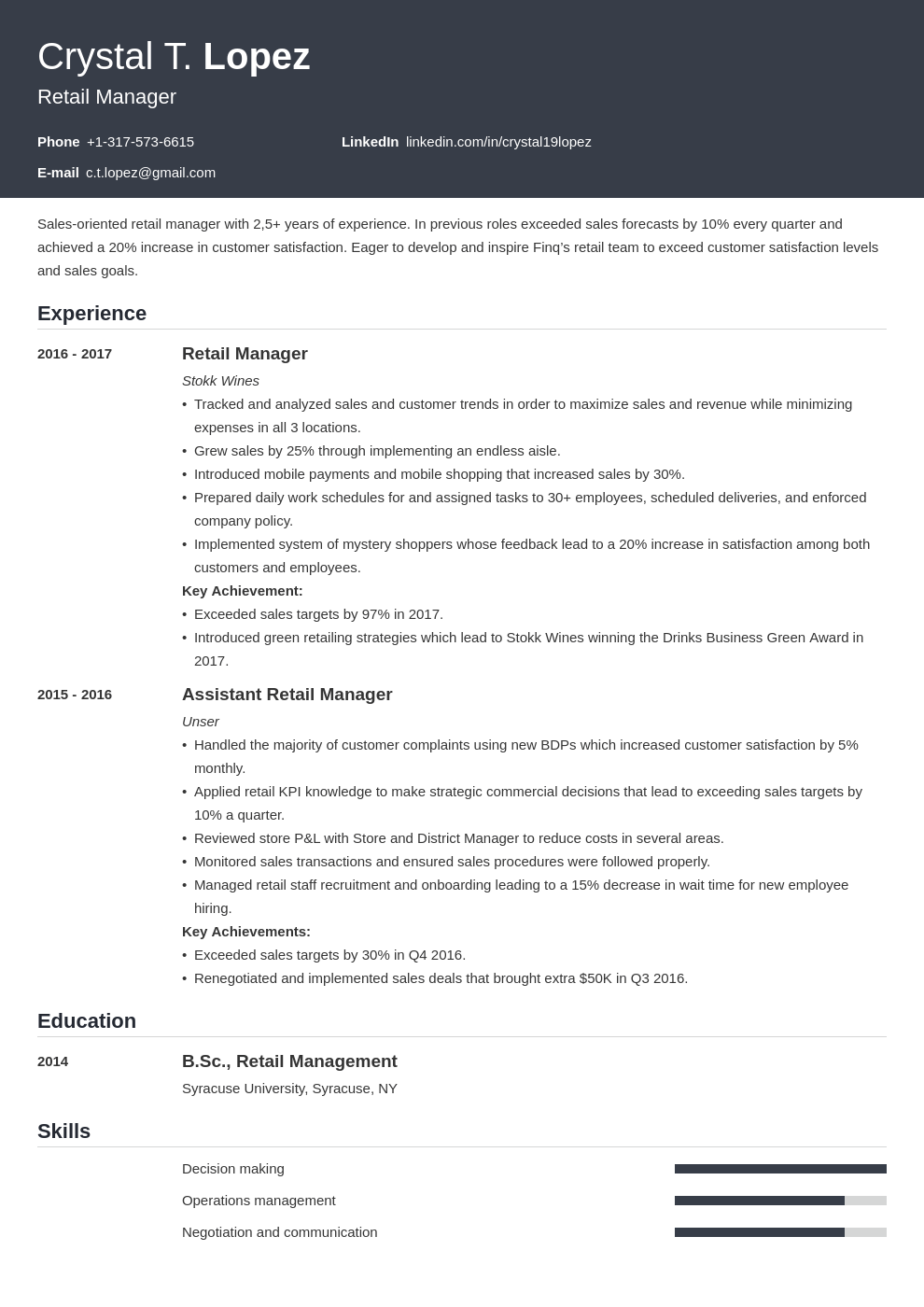 retail manager resume example template influx