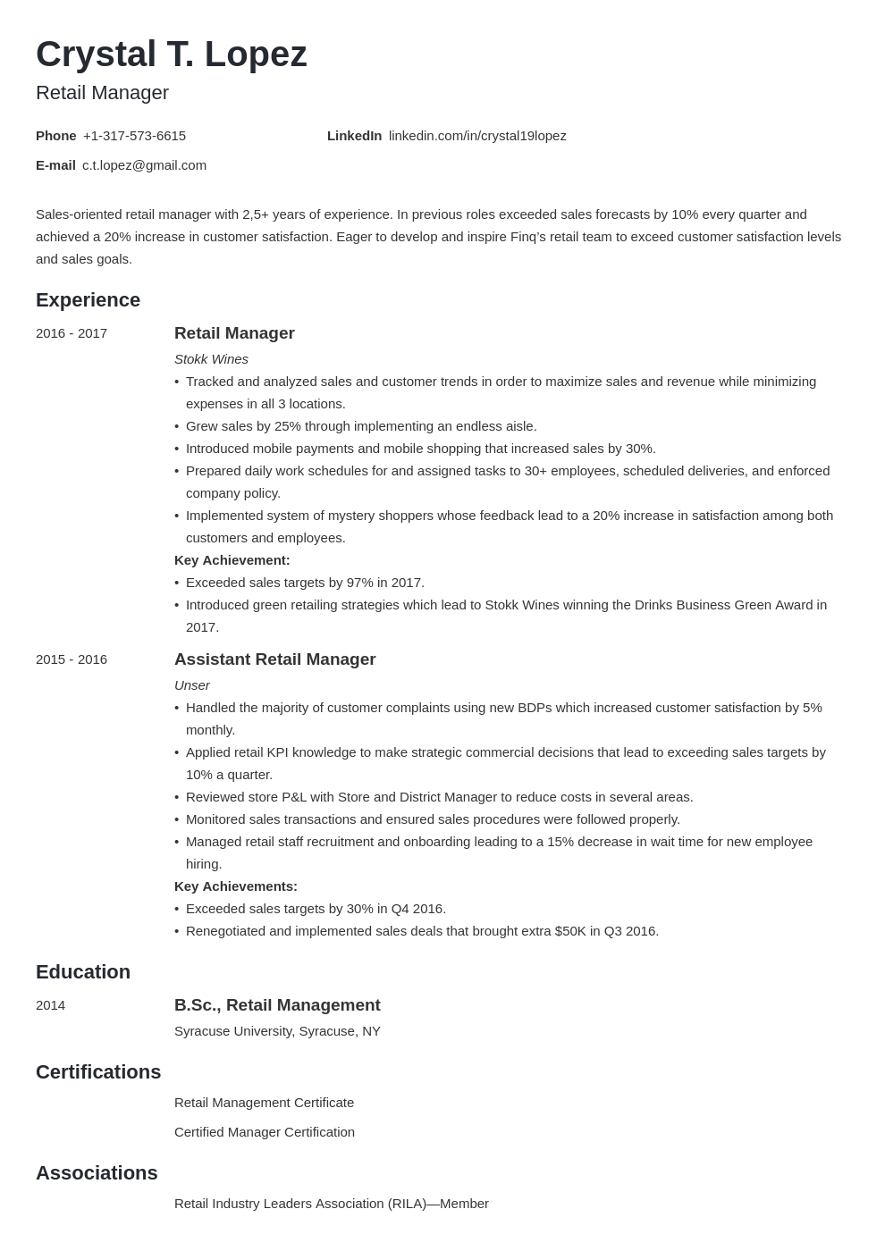 resume examples retail manager