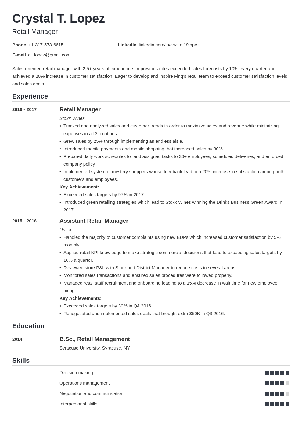 Retail Manager Resume Examples With Skills Objectives