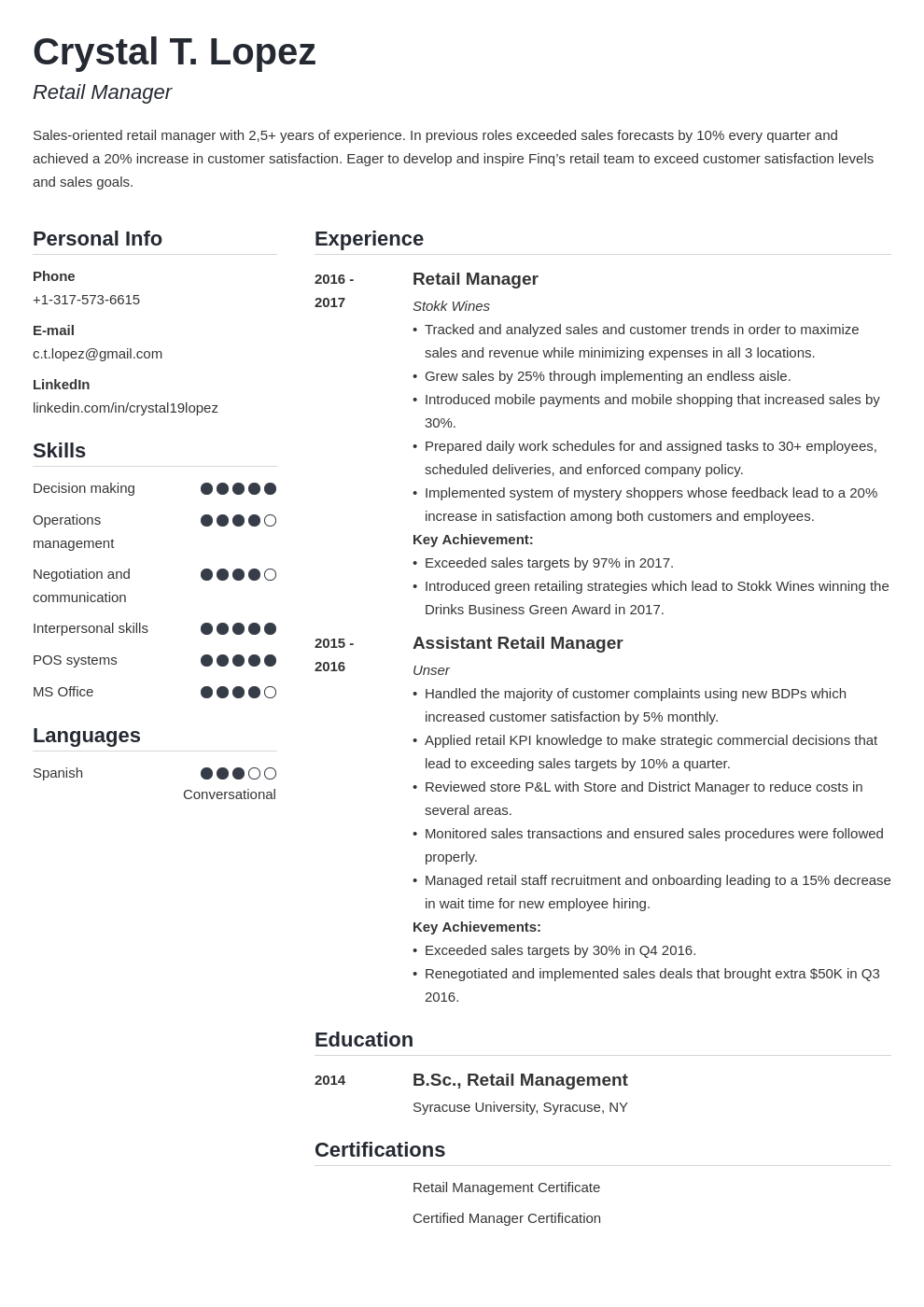 retail manager resume example template simple