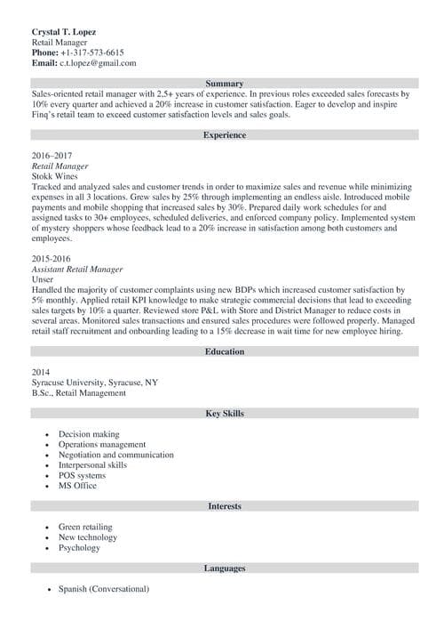 retail manager resume templates