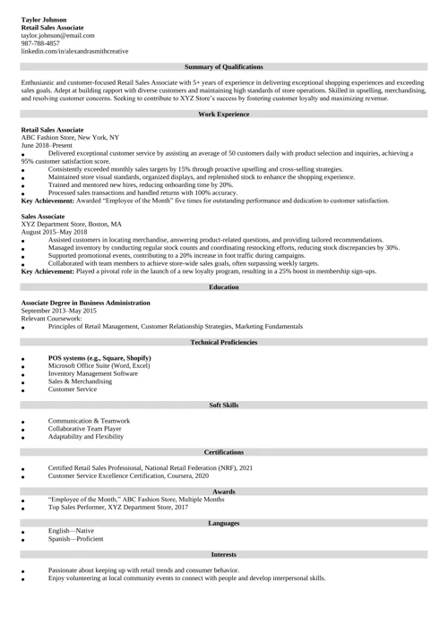 Retail Sales Associate Resume Sample