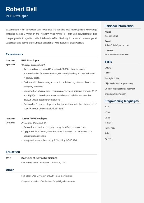 PHP developer resume example