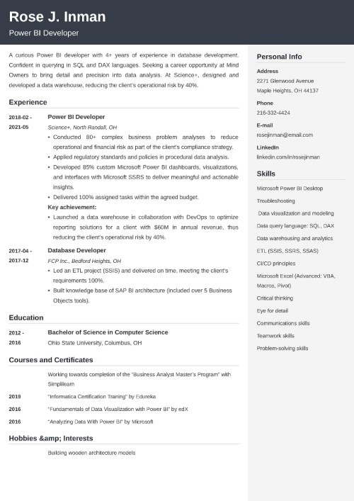 sample resume for power bi developer