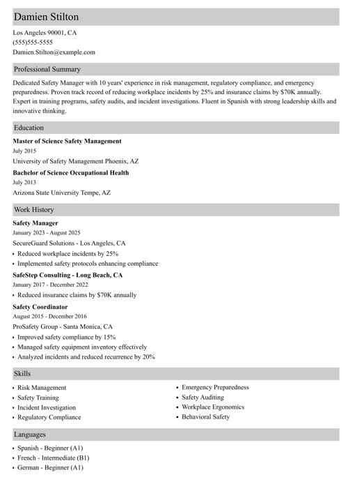 Safety Manager Resume Sample