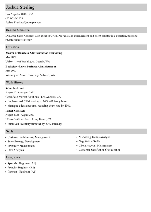 Sales Assistant Resume Sample