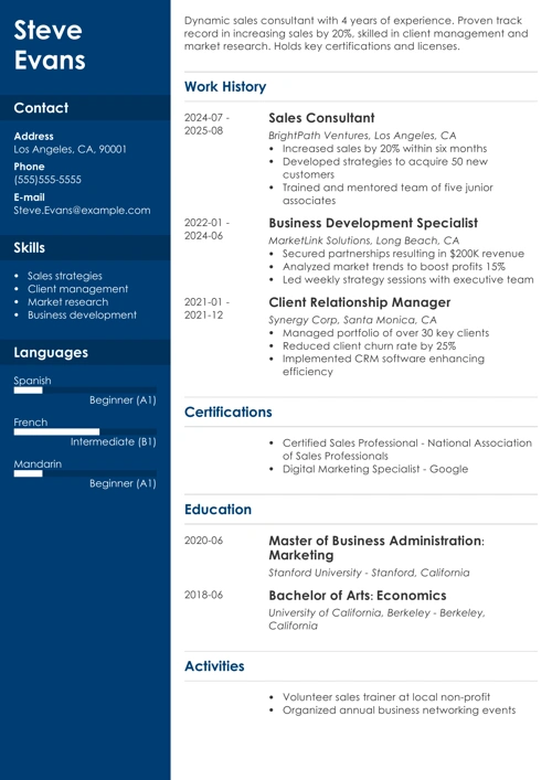 sales consultant resume example